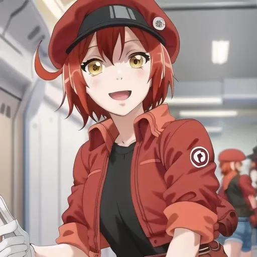 (masterpiece, best quality:1.2),illustration,8k,hd,1girl,solo,red hair,hat,smile,short hair,yellow eyes,ahoge,red headwear,red jacket,black shirt,denim shorts,white gloves,red footwear,black socks,red belt,cropped jacket,red fanny pack,<lora:Red Blood Cell-V1:1>,