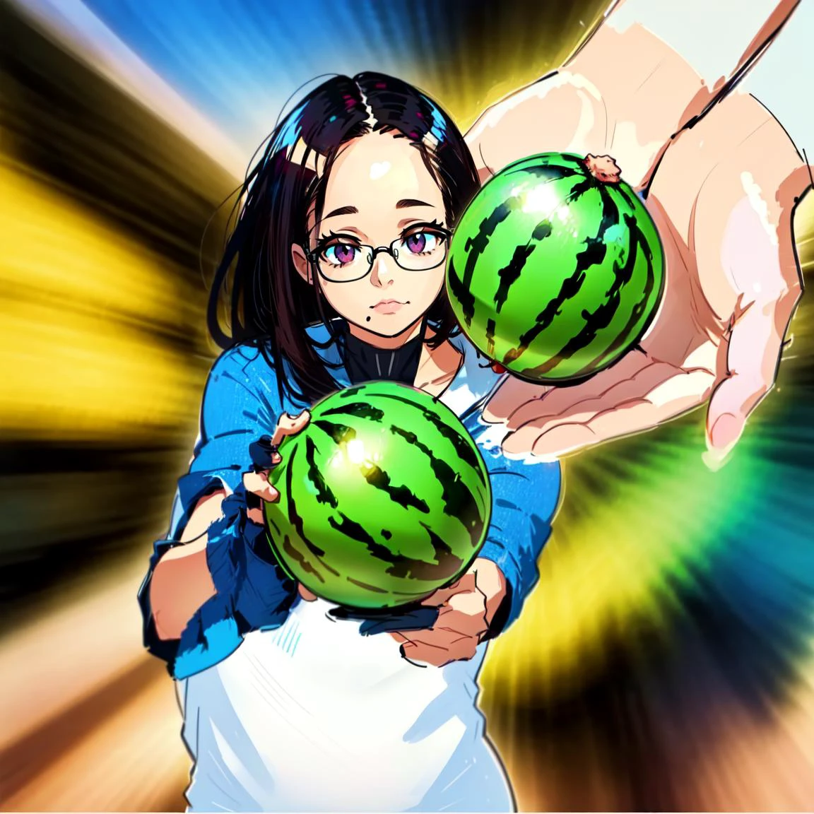 <lora:add_brightness:0.5><lora:add_detail:0.5><lora:Sokono Omae:1>1 woman, (gigantic breast, curvy, newscaster ,forehead, messy black hair, glasses),
holding, looking at viewer, food, fruit, parody, emphasis lines, holding fruit,watermelon,