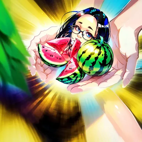 A woman holding a mango in her right hand, Raise your right hand, Woman sticking out her tongue and licking a mango, Side view, Sensual,fun, looks delicious,
