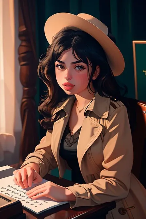 DEN_matii_marronii,
a 1940s private investigator wearing a trench coat and rimmed hat sitting in a drab dank office at the desk using a typewriter, private investigator, 1940s,
bokeh, f1.4, 40mm, photorealistic, raw, 8k, textured skin, skin pores, intricate details <lora:epi_noiseoffset2:1>, epiCRealism <lora:ClothingAdjuster3:-1>