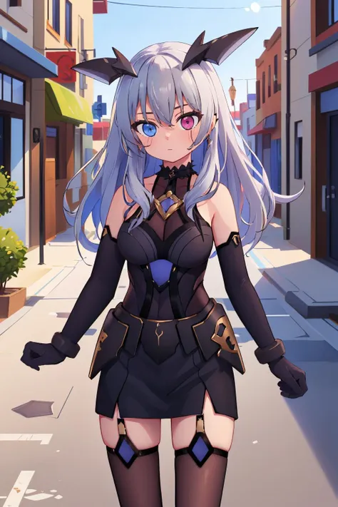 (masterpiece, best quality:1.2), cowboy shot, solo, 1girl, tentei forte, expressionless, looking at viewer, heterochromia, black dress, elbow gloves, thighhighs, garter straps, city street <lora:neo-porte_tentei-13:1>