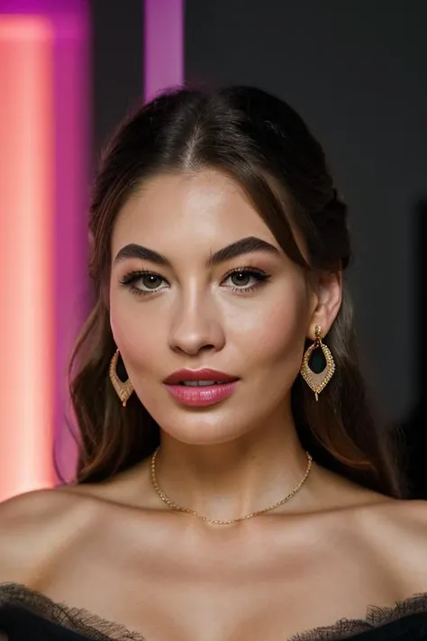 <lora:gr4c33l1:0.9>, a Realistic photo of gr4c33l1 woman, 1girl, solo, long hair, looking at viewer, brown hair, black hair, jewelry, upper body, braid, earrings, parted lips, teeth, grey background, black eyes, lips, makeup, hair over shoulder, realistic, professional Photography, Photorealistic, detailed eyes, RAW, analog, sharp focus, 8k, HD, DSLR, high quality, Fujifilm XT3, film grain, award winning, masterpiece