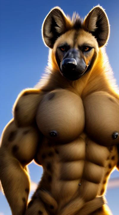 ((masterpiece, ultra realistic)), posing sexy gay, male anthro, explict content, (realistic shaders), (muscular pecs:1.5), nsfw, muscular, ((spotted hyena)), detailed face, seductive looking, realistic detailed fur, full body view