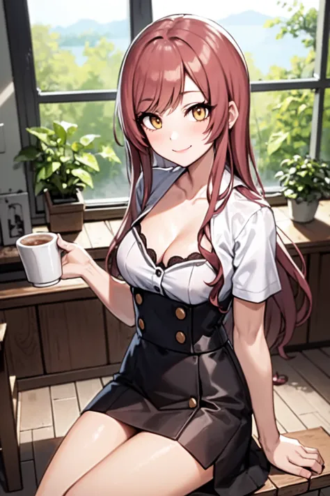 <lora:osaki amana:1>, osaki amana, 1girl, long hair, smile, blush, yellow eyes, sitting, breasts, white shirt, shirt, cleavage, solo, short sleeves, looking at viewer, indoors, brown hair, bangs, closed mouth, table, plant, cafe, window, swept bangs, skirt, cup, medium breasts