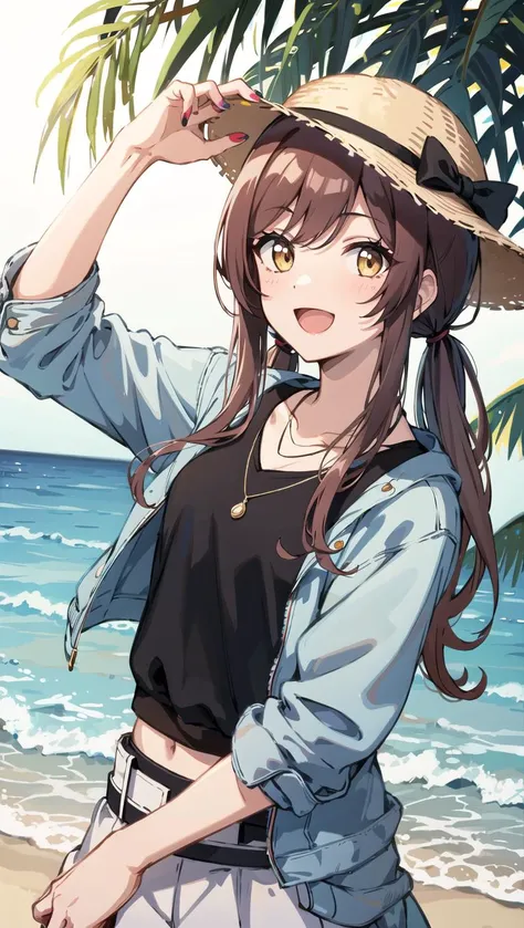 1girl, solo, osaki amana, long hair, open mouth, nail polish, jewelry, smile, twintails, looking at viewer, long sleeves, belt, brown hair, bangs, brown eyes, necklace, shirt, black shirt, swept bangs, :d, upper body, open clothes, yellow eyes, <lora:osakiAmanaTHEIDOLMSTER_v10:0.8> ,osaki amana, Secluded islands, white sandy beaches, crystal-clear waters, tropical foliage, marine life, relaxation,BREAK Swimsuit, sunscreen, sunglasses, sun hat, sandals, lightweight cover-up,