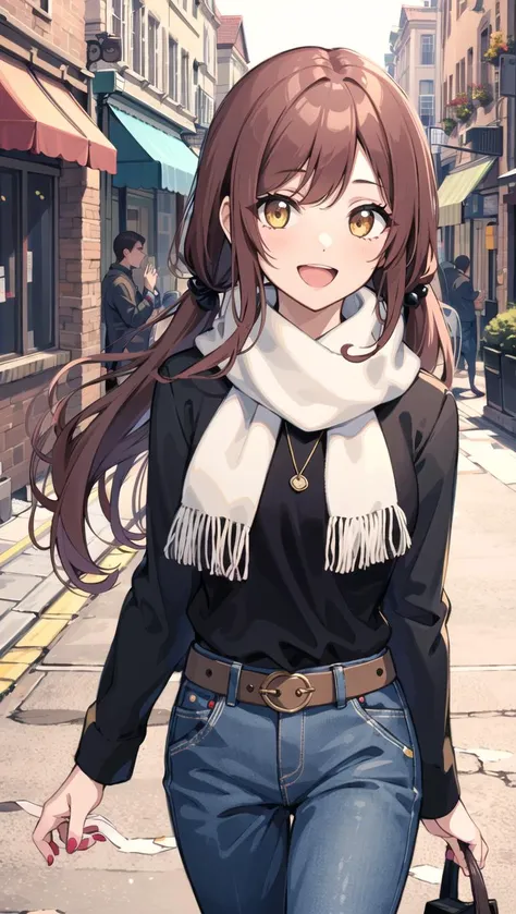 1girl, solo, osaki amana, long hair, jacket, open mouth, nail polish, jewelry, smile, twintails, looking at viewer, scarf, long sleeves, belt, brown hair, bangs, brown eyes, necklace, shirt, black shirt, swept bangs, :d, upper body, open clothes, yellow eyes, <lora:osakiAmanaTHEIDOLMSTER_v10:0.8> ,osaki amana, (walking in the town:1.5),(outdoor:1.5),(in street:1.5),Cafeteria, Florist, Shoemaker, Florist, tailored jacket,upper body,