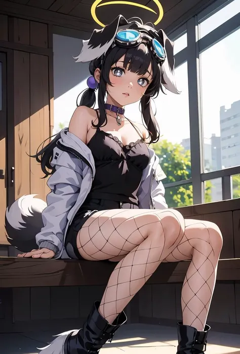 (masterpiece, best quality), 1girl,  <lora:hibiki_scarxzys:0.8> hibiki, grey eyes, bright pupils, wavy hair, black hair, low twintails, sidelocks, bangs, hair bobbles, dog ears, dog tail, engineering goggles, goggles on head, halo, white jacket, open jacket, off shoulder, dog tags, purple collar, black camisole, grey shirt, black shorts, fishnet pantyhose, black footwear, boots,