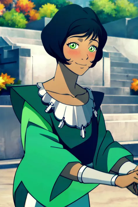 ((masterpiece,best quality)), absurdres, <lora:Korra_Style:0.8>, <lora:Opal_Korra_v3:0.8>, Opal Korra, smile, head tilt, blush, upper body, looking at viewer, outdoors, tree,