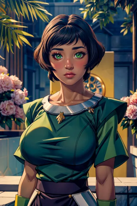 (ultra realistic,32k, masterpiece:1.2),(high detailed skin:1.1),( high quality:1.1),  <lora:Opal_Korra_v3:0.5>,   Opal Korra, head tilt, blush,    blooming flowers, luminescent petals, otherworldly fragrance blurry background, (looking at viewer, standing:1.1), huge breast, large breast, <lora:add_detail:0.92>, (glowwave:1.1),
