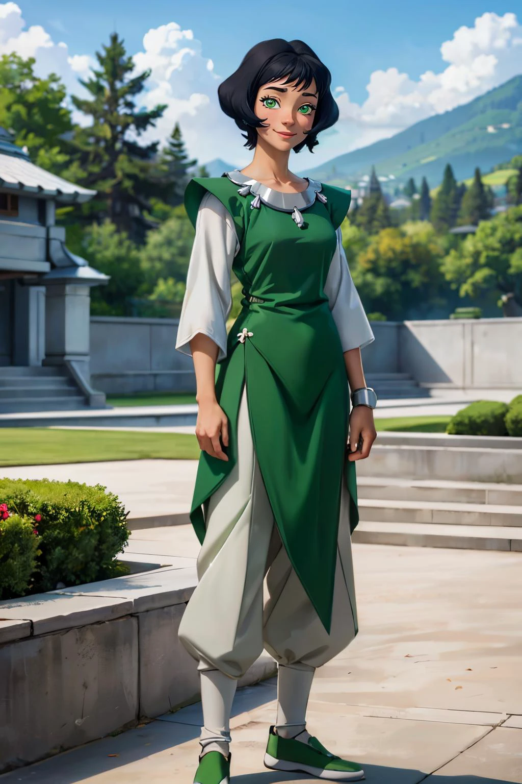 Opal Korra, short black hair, green eyes, green dress, white pants, green shoes, looking at viewer, smiling, full body shot, standing, outside, garden, rocks, zen garden, boulder, blue sky, high quality, masterpiece, <lora:Opal_Korra_v3:.7>