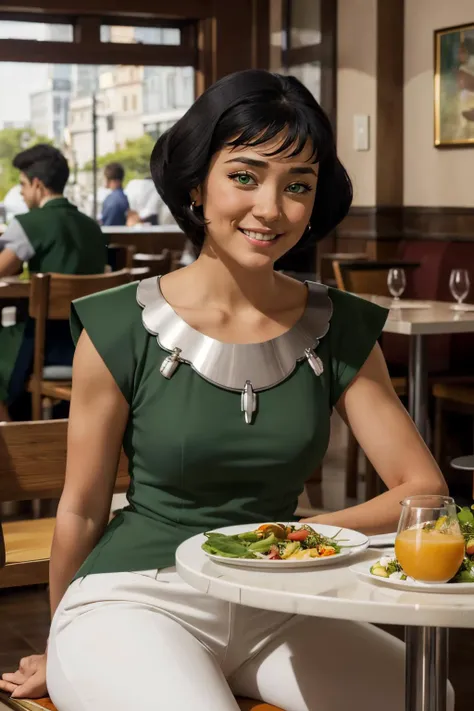 Opal Korra, short black hair, green eyes, green dress, white pants, looking at viewer, smiling, sitting, behind a table, inside restaurant, table full of food, salad, glass of orange juice, high quality, masterpiece, <lora:Opal_Korra_v3:.7>