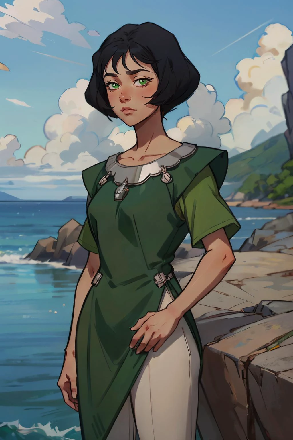Opal Korra, short black hair, green eyes, green dress, white pants, looking at viewer, serious, standing, outside, cliff, rocks, ocean, cloudy sky, high quality, masterpiece, <lora:Opal_Korra_v3:.7>