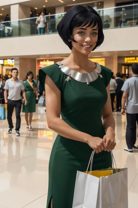 Opal Korra, short black hair, green eyes, green dress, white pants, looking at viewer, smiling, teeth, standing, inside mall, holding shopping bag, crowd, high quality, masterpiece, <lora:Opal_Korra_v3:.7>