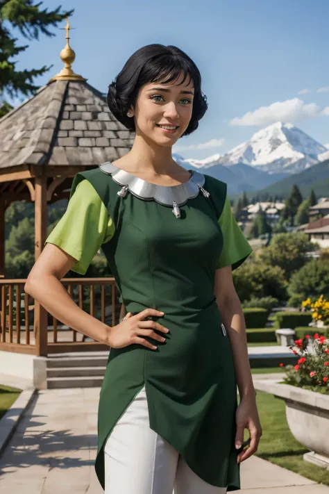 Opal Korra, short black hair, green eyes, green dress, white pants, looking at viewer, smiling, standing, hand on hip, outside, garden, trees, gazebo, mountains, blue sky, high quality, masterpiece, <lora:Opal_Korra_v3:.7>
