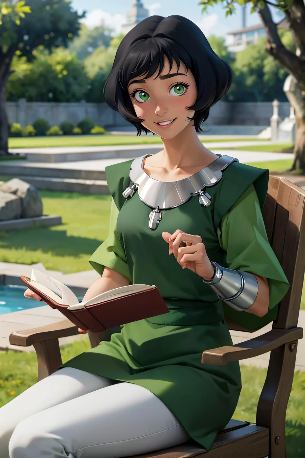 Opal Korra, short black hair, green eyes, green dress, white pants, looking at viewer, smiling, happy, teeth, sitting, on chair, outside, reading book, under tree, garden, rocks, shade, high quality, masterpiece, <lora:Opal_Korra_v3:.7>