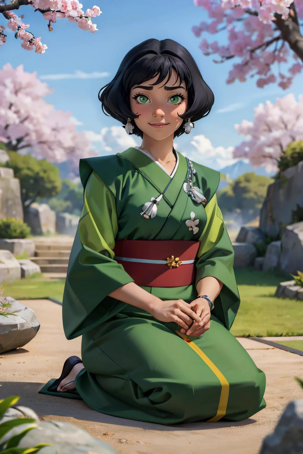 Opal Korra, short black hair, green eyes, traditional kimono, sash, long sleeves, looking at viewer, serious, smiling, sitting, seiza, outisde, garden, cherry blossom, rocks, blue sky, high quality, masterpiece, <lora:Opal_Korra_v3:.7>