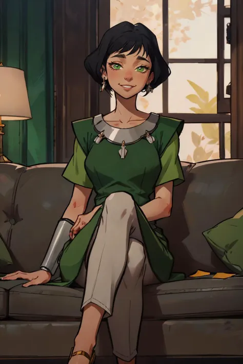 Opal Korra, short black hair, green eyes, green dress, white pants,  looking at viewer, smiling, sitting, on large sofa, legs crossed, soft lighting, fancy living room, high quality, masterpiece, <lora:Opal_Korra_v3:.7>