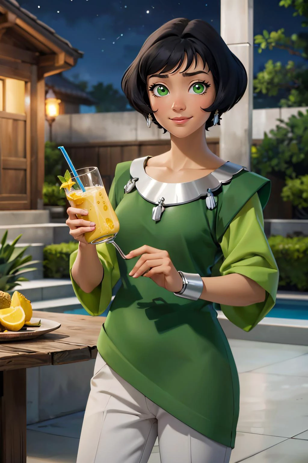 Opal Korra, short black hair, green eyes, green dress, white pants, looking at viewer, serious, smiling, standing, outside, holding glass of pineapple juice, outside, courtyard, tree, night time, stars, high quality, masterpiece, <lora:Opal_Korra_v3:.7>