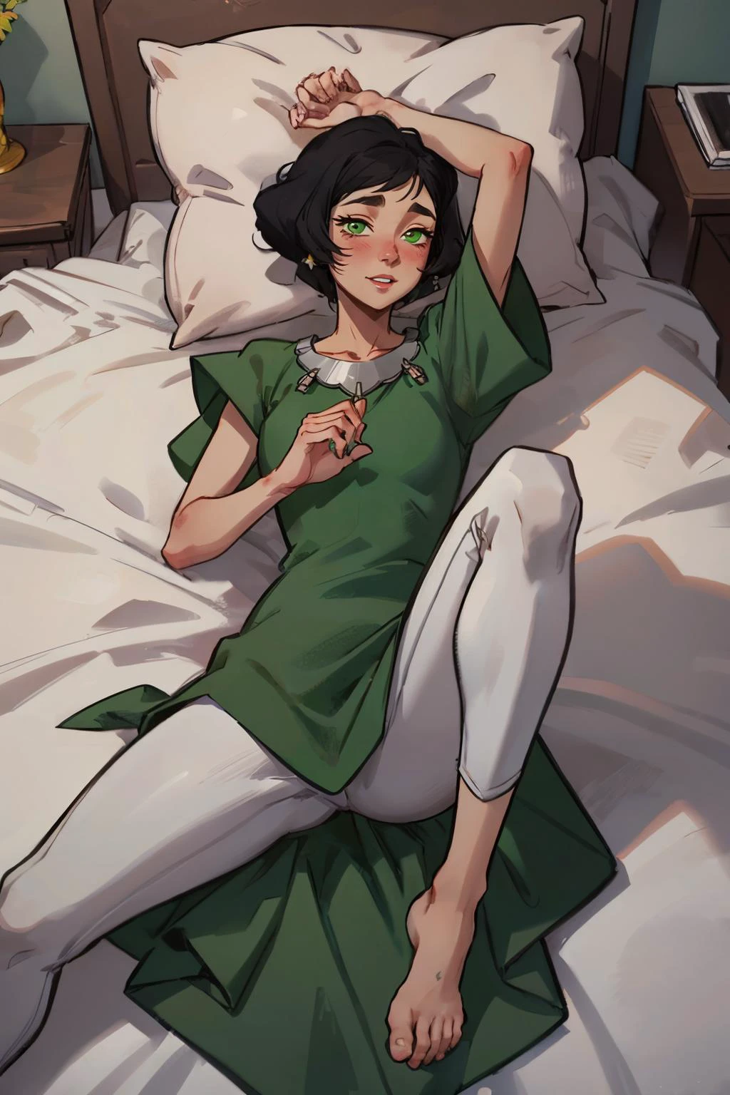 Opal Korra, short black hair, green eyes, green dress, white pants, looking at viewer, surprised, happy, blush, lying, on back, legs up, on large bed, soft blankets, from_above, high quality, masterpiece, <lora:Opal_Korra_v3:.7>