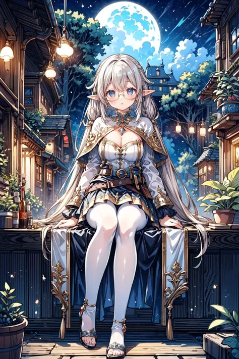 <lora:FernV2:0.9> , ((FrierenBase, long hair, twintails, earrings, white capelet, striped shirt, horizontal stripes, long sleeves, belt, white skirt, gold-trim, black pantyhose)),
<lora:Wood Elf settler v1.1:0.65>, ((market of an elven village)), forest with a waterfall and a waterfall, plants, vine, mountain,
BREAK 1woman, adorable, clear face, solo, ((full body)):1.35, ((a woman wear a clear glasses, detailed glasses)):1.2,
BREAK perfect(anatomy,body,face,hand,leg,foot,fingers), ((multicolor hairs, very long hairs):1.2, cleavage),
BREAK soft light, light on face, cinematic lighting, professional light, ambient lighting, atmospheric effects, dynamic(angle, elegant posture), detailed(shadow, lightning),
BREAK beautiful detailed woman, glossy pink lips, ((milky skin, shiny skin)), makeup, blush,eyeliner, eyeshadow, eyelashes, textured skin, collarbone, perfect skin,
<lora:more_details:0.72>, extremely detailed, (masterpiece, best quality):2.0, (intricate details, depth of field), 8k, HDR, ultra detailed, ((photorealistic)),
<lora:Night scene_20230715120543:0.5>, (night):1.2, (starry star, 1moon, one moon, beautiful sky, clear sky),