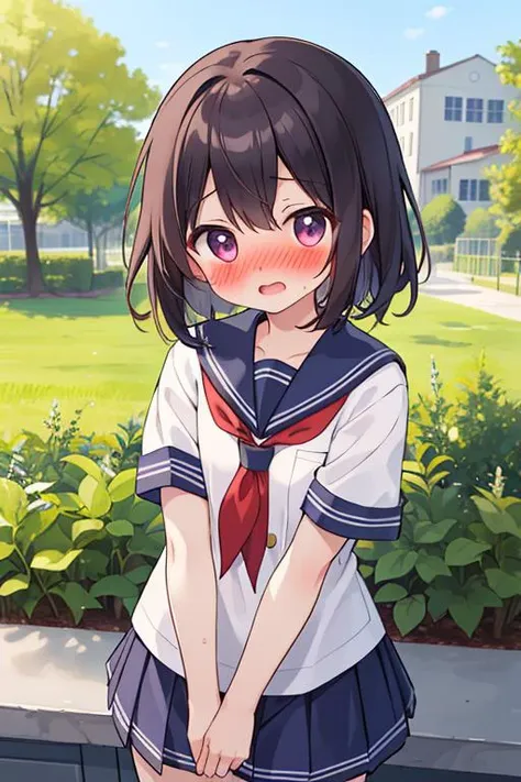 masterpiece,best quality,ultra detail, girl,petite,sailor uniform,school garden, <lora:yudedako_v200:0.6>open mouth,shy,blush