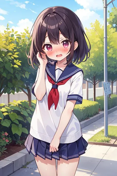 masterpiece,best quality,ultra detail, girl,ite,sailor uniform,school garden, <lora:yudedako_v200:0.6>open mouth,shy,blush