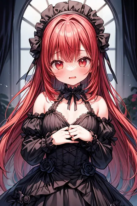 (masterpiece, best quality), 1girl, red hair, medium chest, gothic frill dress, pervert face, <lora:add_detail:1>
