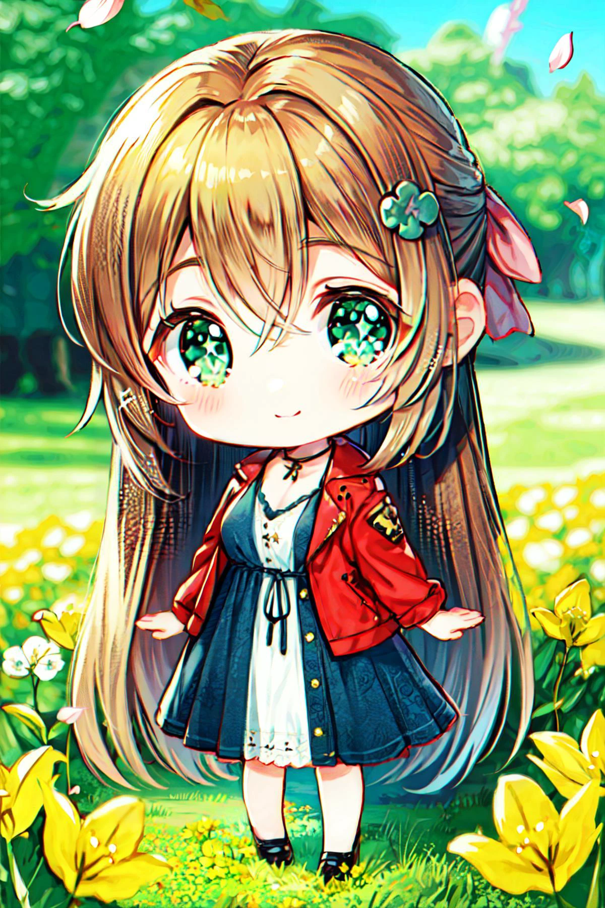 <lora:MIAOKA_Aerith:0.82>, (((chibi)), red jacket, pink long dress, pink ribbon, very long bow hairs, brown color hairs, green eyes, (hero posture)):1.21,
BREAK ((1woman, young woman, adorable, clear face, young face, solo)), (((full body))):1.35, (milky skin, curvy body, slender body, idol vibe), ((sexy smile)),
BREAK soft light, cinematic lighting, detailed(shadow, glow),
BREAK <lora:add_detail:0.45>, extremely detailed, ,4K, CG, finely detailed, (masterpiece, best quality):2.0, ((photorealistic:1.15)),
BREAK <lora:uber_saggy2:0.68>, saggy, sagging_breasts, ((medium breasts)), <lora:Front face lighting åé¢ã©ã¤ãã¢ãã v2:0.33>, <lora:GoodHands-vanilla:0.75>,
<lora:LXX-petal:0.8> , ((clover, four-leaf clover, (((yellow flowers))), pile of flowers, leaf pile, petals, green theme, sparkle)):1.15