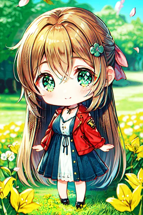 <lora:MIAOKA_Aerith:0.82>, (((chibi)), red jacket, pink long dress, pink ribbon, very long bow hairs, brown color hairs, green eyes, (hero posture)):1.21,
BREAK ((1woman, young woman, adorable, clear face, young face, solo)), (((full body))):1.35, (milky skin, curvy body, slender body, idol vibe), ((sexy smile)),
BREAK soft light, cinematic lighting, detailed(shadow, glow),
BREAK <lora:add_detail:0.45>, extremely detailed, ,4K, CG, finely detailed, (masterpiece, best quality):2.0, ((photorealistic:1.15)),
BREAK <lora:uber_saggy2:0.68>, saggy, sagging_breasts, ((medium breasts)), <lora:Front face lighting åé¢ã©ã¤ãã¢ãã v2:0.33>, <lora:GoodHands-vanilla:0.75>,
<lora:LXX-petal:0.8> , ((clover, four-leaf clover, (((yellow flowers))), pile of flowers, leaf pile, petals, green theme, sparkle)):1.15