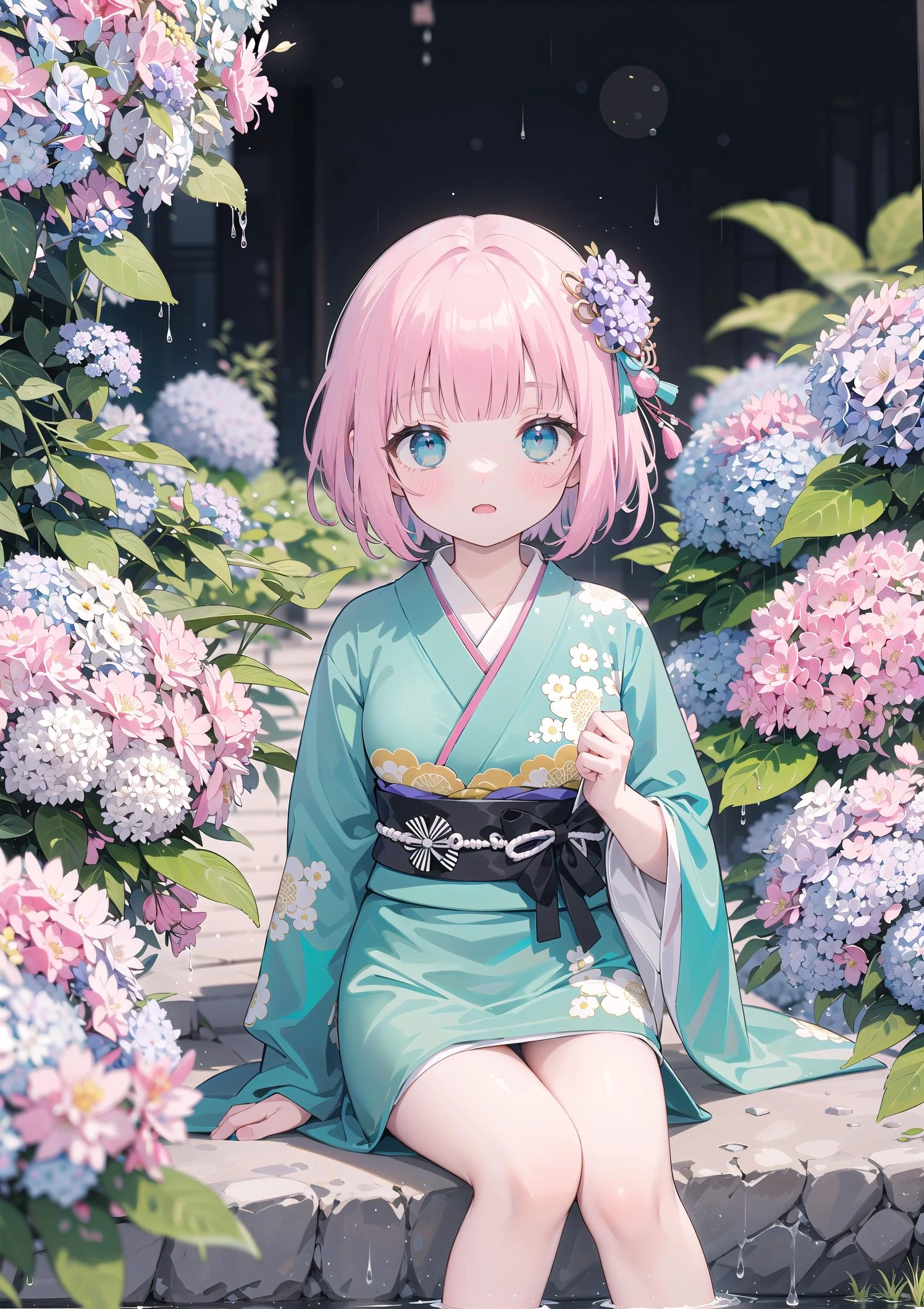 (solo), cute (1girl) ,sitting,Japanese-style garden,pink fine hair,(blunt bangs),turquoise blue eyes,hydrangea,(blurry foreground),kimono,scenery,looking at viewer,rainy,day