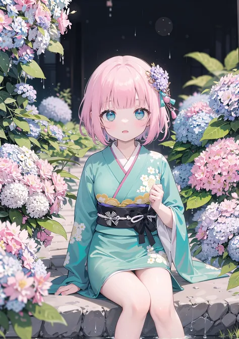 (solo), cute (1girl) ,sitting,Japanese-style garden,pink fine hair,(blunt bangs),turquoise blue eyes,hydrangea,(blurry foreground),kimono,scenery,looking at viewer,rainy,day