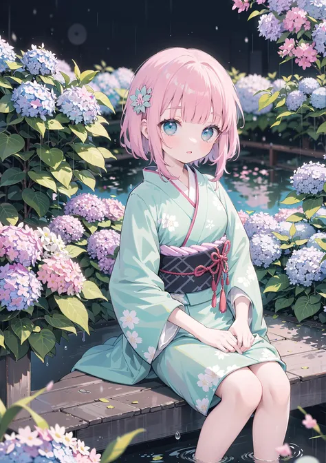 (solo), cute (1girl) ,sitting,Japanese-style garden,pink fine hair,(blunt bangs),turquoise blue eyes,hydrangea,(blurry foreground),kimono,scenery,looking at viewer,rainy,day