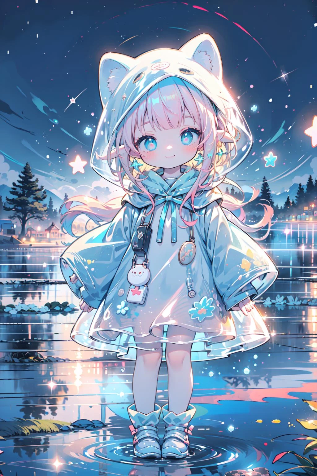<lora:GlowingPP:0.7>, elf, earrings, pop style, glowing, raincoat , girl with a shiny jelly style, animal hood, shoes, raining,
(cute:1.1,solo, 1girl), (smirk smile), (full body:1.4), soft light, walking,
perfect(face ,eyes , nose, hands , arms), detailed fingers, extremely detailed eyes and face, beautiful detailed nose, beautiful detailed eyes, extremely detailed, CG, 8k wallpaper, Amazing, finely detail, (masterpiece:2.0, best quality), (intricate details, depth of field), beautiful detailed girl, glossy pink lips, aqua eyes, ((long hair), (colorful gradient multi-colored blonde hair)), adorable, (<lora:cozy animation scenes_20230824111332:0.65>, cozy, animation scenes, scenery, starry stars, PIXIV, outdoors, town), (wide, fisheye angle view), <lora:more_details:0.5>,