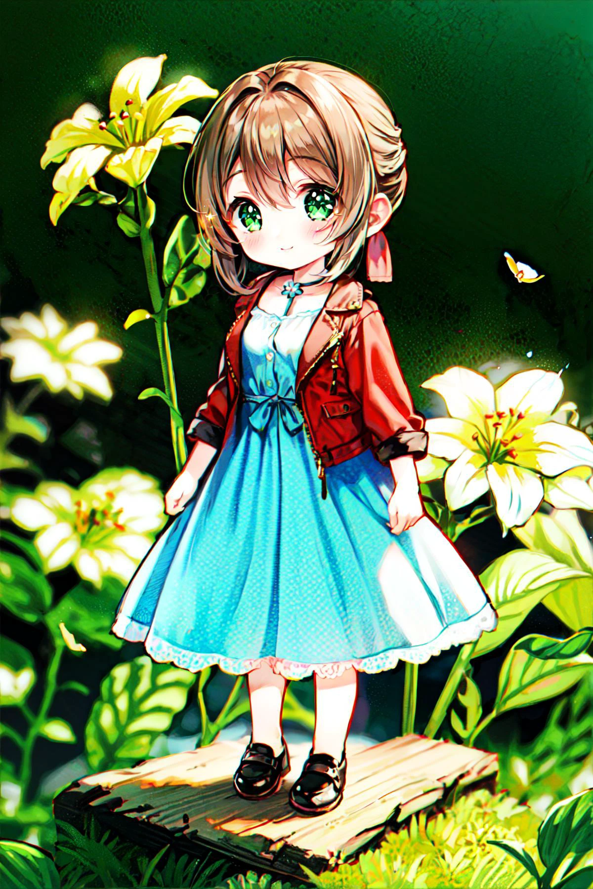 <lora:MIAOKA_Aerith:0.82>, (((chibi)), red jacket, pink long dress, pink ribbon, very long bow hairs, brown color hairs, green eyes, (hero posture)):1.21,
BREAK ((1woman, young woman, adorable, clear face, young face, solo)), (((full body))):1.35, (milky skin, curvy body, slender body, idol vibe), ((sexy smile)),
BREAK soft light, cinematic lighting, detailed(shadow, glow),
BREAK <lora:add_detail:0.45>, extremely detailed, ,4K, CG, finely detailed, (masterpiece, best quality):2.0, ((photorealistic:1.15)),
BREAK <lora:uber_saggy2:0.68>, saggy, sagging_breasts, ((medium breasts)), <lora:Front face lighting åé¢ã©ã¤ãã¢ãã v2:0.33>, <lora:GoodHands-vanilla:0.75>,
<lora:LXX-petal:0.8> , ((clover, four-leaf clover, (((yellow flowers))), pile of flowers, leaf pile, petals, green theme, sparkle)):1.15