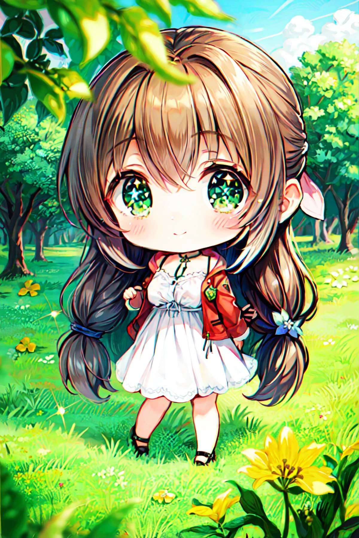 <lora:MIAOKA_Aerith:0.82>, (((chibi)), red jacket, pink long dress, pink ribbon, very long bow hairs, brown color hairs, green eyes, (hero posture)):1.21,
BREAK ((1woman, young woman, adorable, clear face, young face, solo)), (((full body))):1.35, (milky skin, curvy body, slender body, idol vibe), ((sexy smile)),
BREAK soft light, cinematic lighting, detailed(shadow, glow),
BREAK <lora:add_detail:0.45>, extremely detailed, ,4K, CG, finely detailed, (masterpiece, best quality):2.0, ((photorealistic:1.15)),
BREAK <lora:uber_saggy2:0.68>, saggy, sagging_breasts, ((medium breasts)), <lora:Front face lighting åé¢ã©ã¤ãã¢ãã v2:0.33>, <lora:GoodHands-vanilla:0.75>,
<lora:LXX-petal:0.8> , ((clover, four-leaf clover, (((yellow flowers))), pile of flowers, leaf pile, petals, green theme, sparkle)):1.15