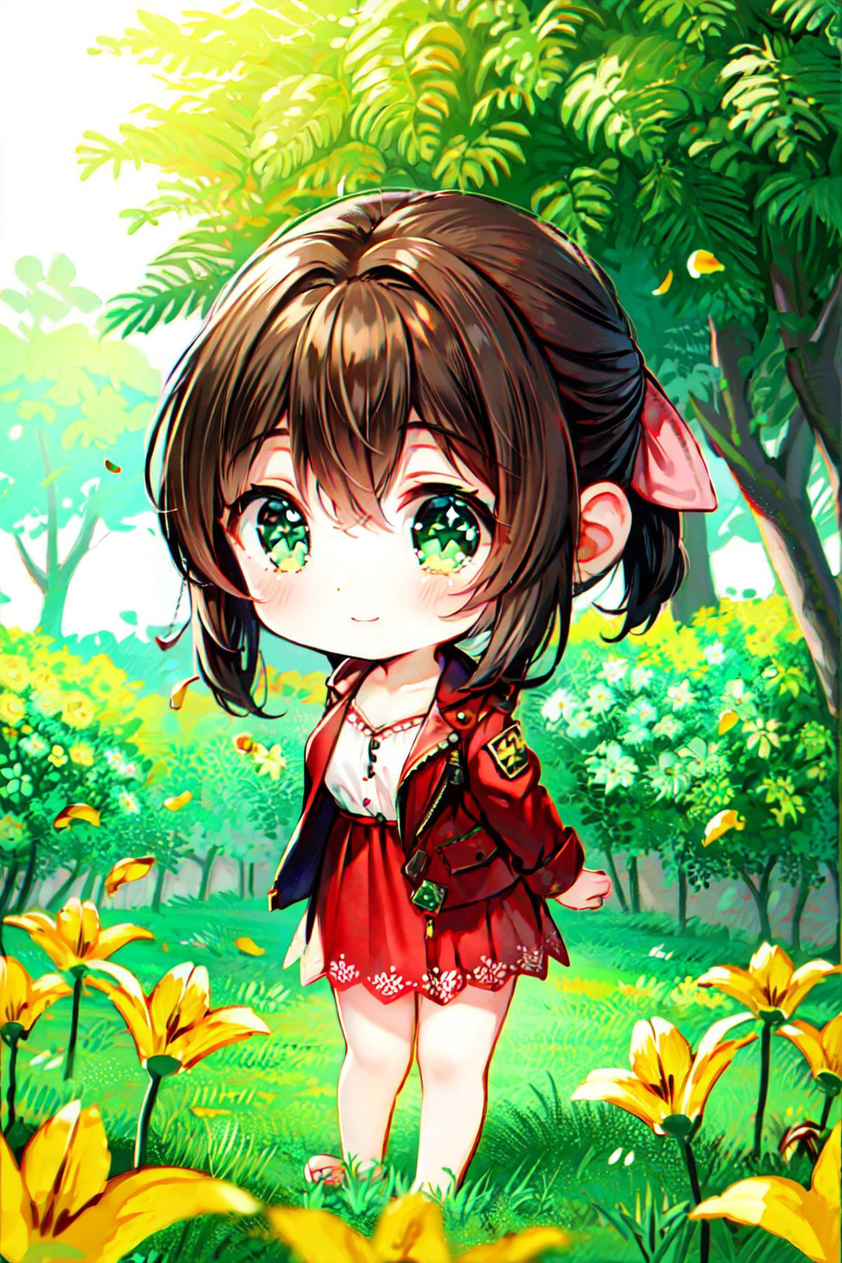 <lora:MIAOKA_Aerith:0.82>, (((chibi)), red jacket, pink long dress, pink ribbon, very long bow hairs, brown color hairs, green eyes, (hero posture)):1.21,
BREAK ((1woman, young woman, adorable, clear face, young face, solo)), (((full body))):1.35, (milky skin, curvy body, slender body, idol vibe), ((sexy smile)),
BREAK soft light, cinematic lighting, detailed(shadow, glow),
BREAK <lora:add_detail:0.45>, extremely detailed, ,4K, CG, finely detailed, (masterpiece, best quality):2.0, ((photorealistic:1.15)),
BREAK <lora:uber_saggy2:0.68>, saggy, sagging_breasts, ((medium breasts)), <lora:Front face lighting åé¢ã©ã¤ãã¢ãã v2:0.33>, <lora:GoodHands-vanilla:0.75>,
<lora:LXX-petal:0.8> , ((clover, four-leaf clover, (((yellow flowers))), pile of flowers, leaf pile, petals, green theme, sparkle)):1.15