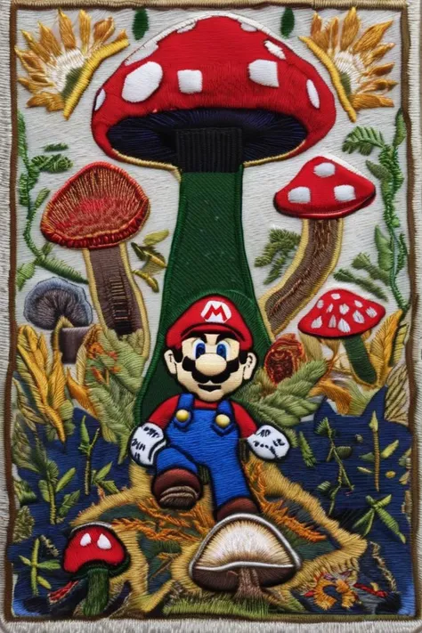 mario tripping on mushrooms <lora:embroidered_style_v1_sdxl:1>