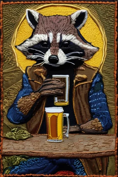 rocket raccoon drinking a beer 
 <lora:embroidered_style_v1_sdxl:1>