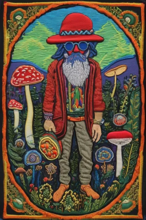trippy, psychedelic, hippie man tripping on mushrooms <lora:embroidered_style_v1_sdxl:1>
