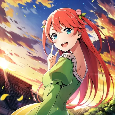 best quality, highres, absurdres, ultra detailed,  <lora:TheresiaV1:1>, Theresia, 1girl, solo, open mouth, dress, smile, petals, looking at viewer, green dress, cloud, flower, looking back, two side up, sky, sunset, index finger raised, :d, outdoors