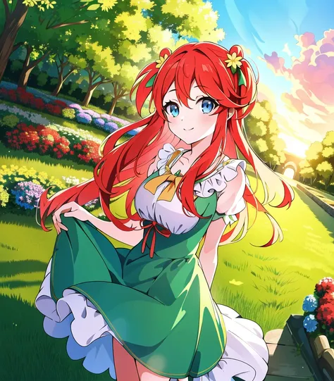 masterpiece, best quality, 1 girl, <lora:theresiaVanAstreaRe_v1:0.8>, Theresia, blue eyes. red hair, green dress, light smile, garden, sunset