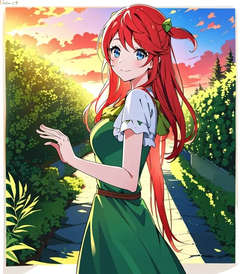 masterpiece, best quality, 1 girl, <lora:theresiaVanAstreaRe_v1:0.8>, Theresia, blue eyes. red hair, green dress, light smile, garden, sunset