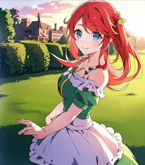 masterpiece, best quality, 1 girl, <lora:theresiaVanAstreaRe_v1:1>, Theresia, blue eyes. red hair, green dress, light smile, garden, sunset