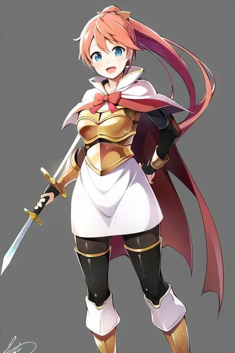 best quality, highres, absurdres, ultra detailed, 1girl, solo, <lora:TheresiaV1:1>, Theresia, 1girl, solo, weapon, sword, white background, cape, ponytail, open mouth, pantyhose, dated, holding weapon, simple background, armor, holding sword, boots, holding, breastplate, bracelet, signature, thigh boots, thighhighs, looking at viewer, jewelry, thighhighs over pantyhose, bow