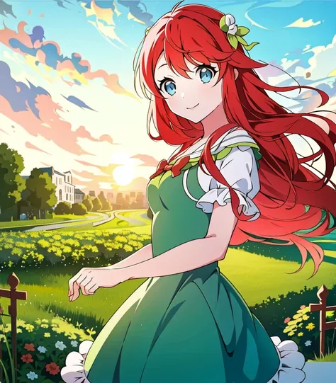 masterpiece, best quality, 1 girl, <lora:theresiaVanAstreaRe_v1:1>, Theresia, blue eyes. red hair, green dress, light smile, garden, sunset