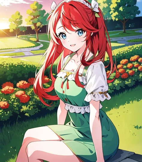 masterpiece, best quality, 1 girl, <lora:theresiaVanAstreaRe_v1:0.7>, Theresia, blue eyes. red hair, green dress, light smile, garden, sunset