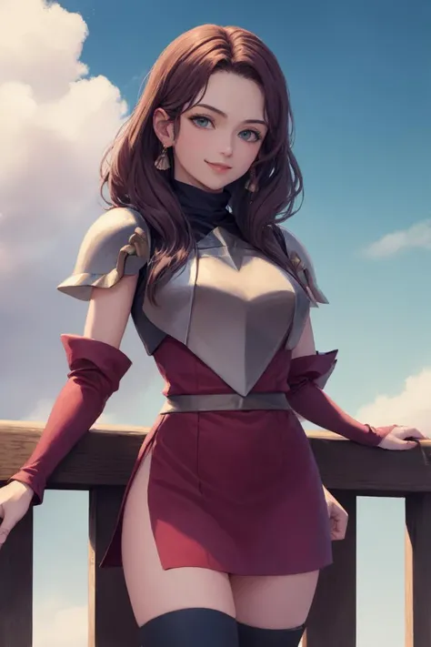masterpiece, best quality, dorothea, pkuniform, red dress, blue sky, clouds, cowboy shot, looking at viewer, smile <lora:dorothea-nvwls-v2:0.9> <lora:pkuniform-nvwls-v1:0.8>