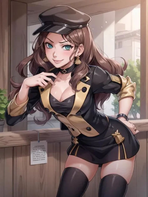 masterpiece, ultra high quality cg, best quality, perfect image, solo, 1girl, dorothea (student), garreg mach monastery uniform, hat, short skirt, thighhighs,leaning forward, smirking mischievously