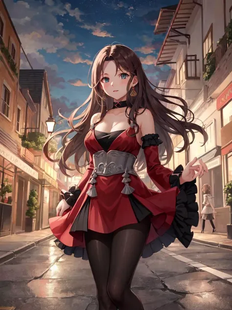 masterpiece, ultra high quality cg, best quality, perfect image, solo, 1girl, dorothea (timeskip), frills, red dress, detached sleeves, pantyhose, walking through a street at night