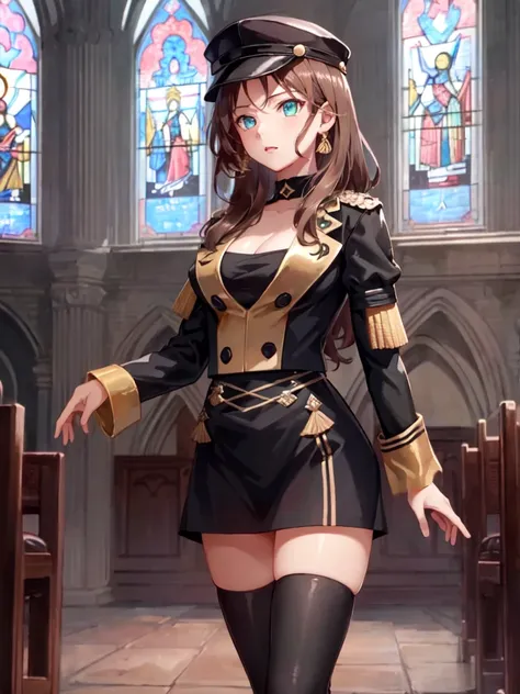 masterpiece, ultra high quality cg, best quality, perfect image, solo, 1girl, dorothea (student), garreg mach monastery uniform, hat, short skirt, thighhighs, standing in a church, praying, long hair